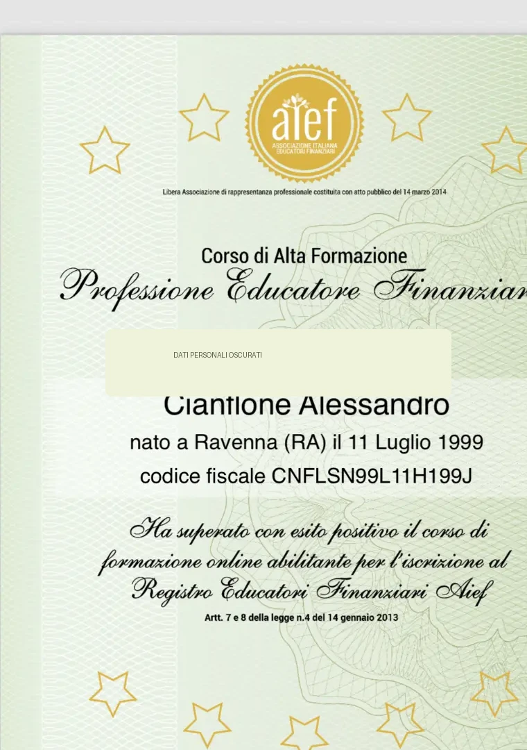 Attestato di Educatore Finanziario di Alessandro Cianflone con dati personali oscurati