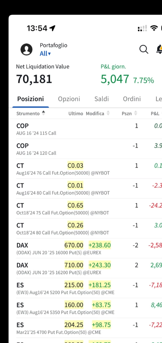 Schermata del conto operativo con risultato giornaliero positivo
