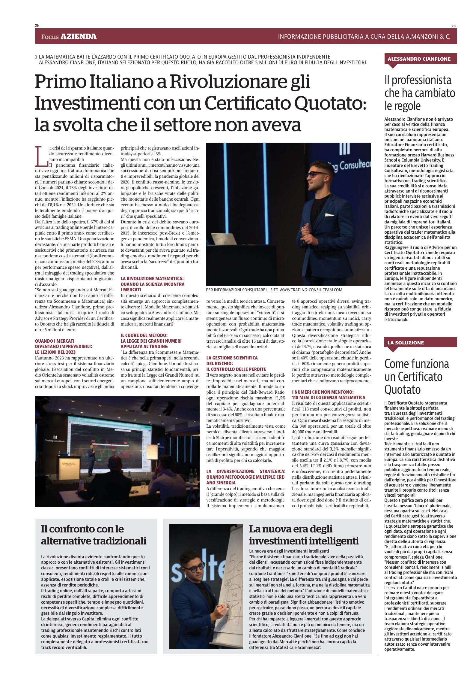 Articolo de La Stampa: primo italiano a rivoluzionare gli investimenti con un Certificato Quotato