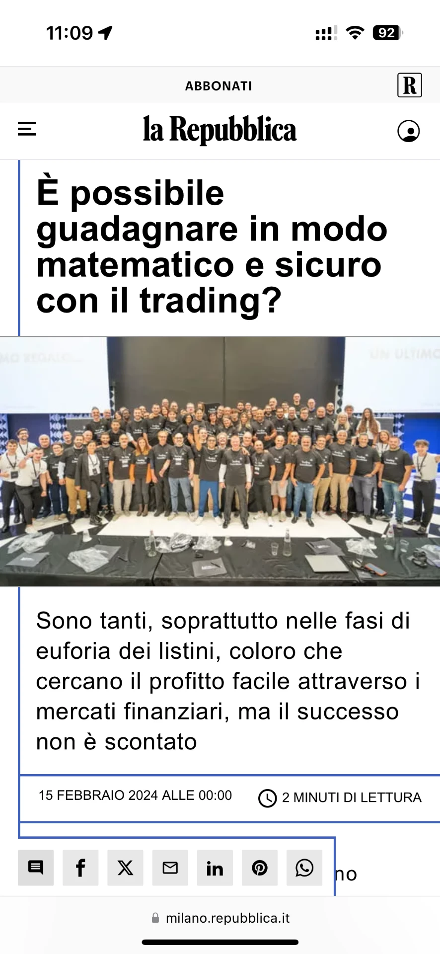 Articolo de la Repubblica sul trading matematico con la community Trading Consulteam