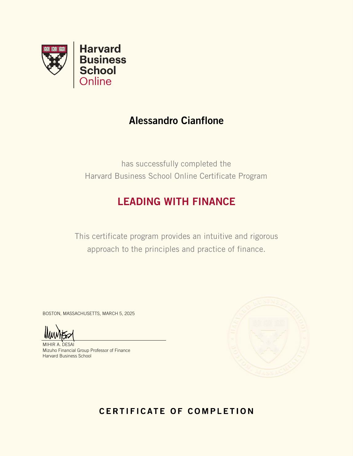 Certificato Leading with Finance di Harvard Business School Online