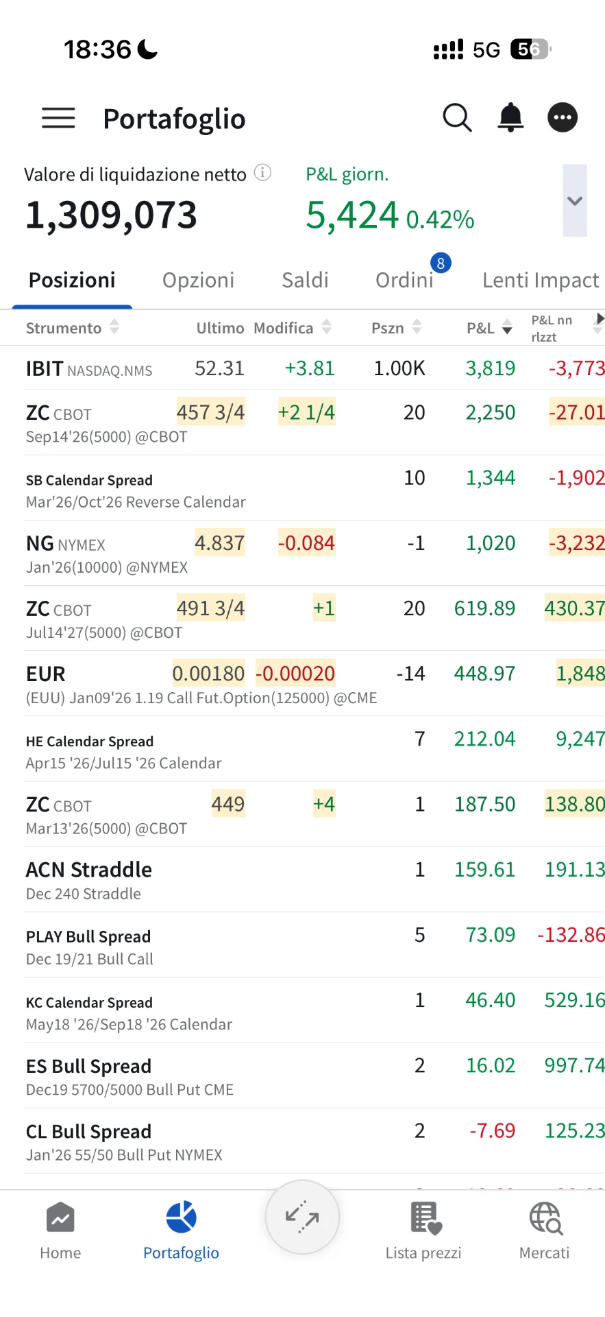 Portafoglio Interactive Brokers con risultato giornaliero positivo di 5424